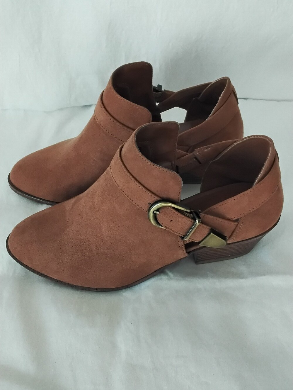 Time and Tru Tan Faux Suede Ankle Booties with Buckle
